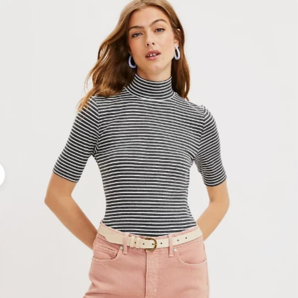 Loft Petite Striped Ribbed Mock Neck Top - NWT